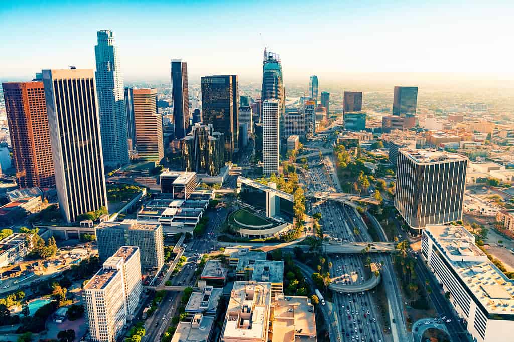 Aerial view of a Downtown Los Angeles at sunset.