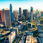 Aerial view of a Downtown Los Angeles at sunset.