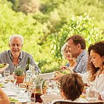 Family eating outside.