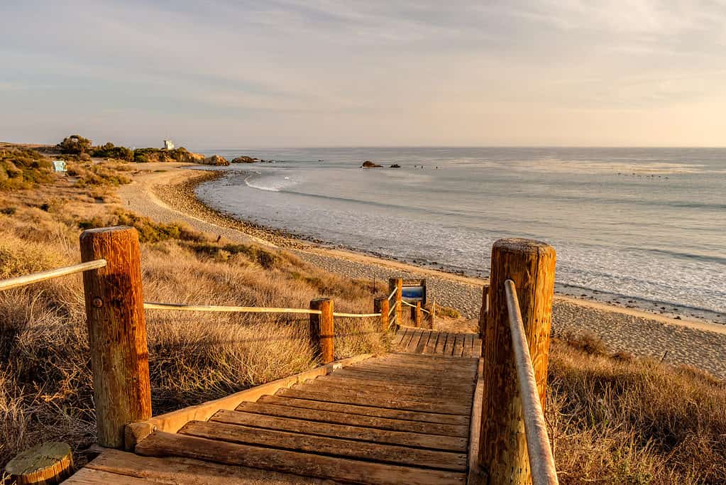 USA Pacific coast landscape, boardwalk to Leo Carrillo State Beach, Malibu, California.